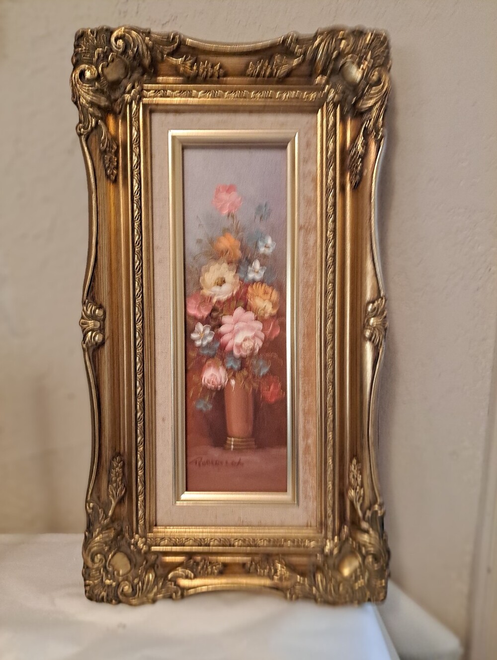 VTG American Artist Robert Cox Floral Still Life Golden Wooden Frame 4 X 12